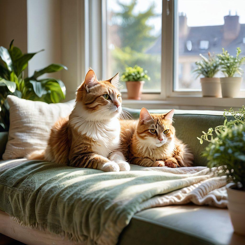 A heartwarming scene of a cozy living room where a small, fluffy cat is being lovingly cradled by a person sitting on a soft couch. Sunlight filters through a window, casting a warm glow on the cat's fur, highlighting its big, expressive eyes. Surround the duo with toys and cozy blankets to evoke a sense of comfort and care. Include gentle touches of green plants in the background, symbolizing growth and healing. super-realistic. soft pastel colors. natural lighting.