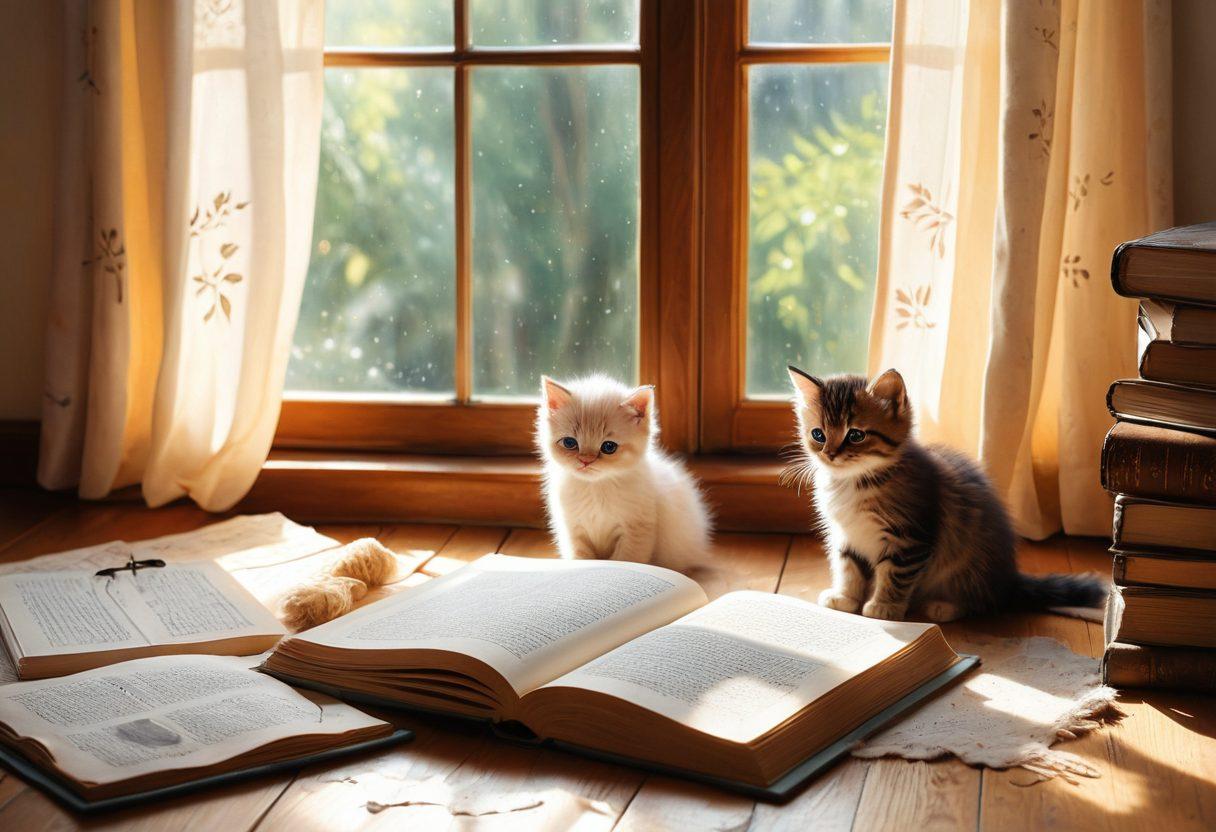A cozy room filled with soft cushions and warm light, where a fluffy kitten sits with soulful eyes, surrounded by an open book filled with handwritten stories and sketches of various kittens. A gentle teardrop glimmers on the page, symbolizing their melancholy. Delicate paw prints scatter across the floor, adding a touch of whimsy. The background features a window with soft curtains, letting in afternoon sunlight. watercolor painting. warm tones. inviting atmosphere.